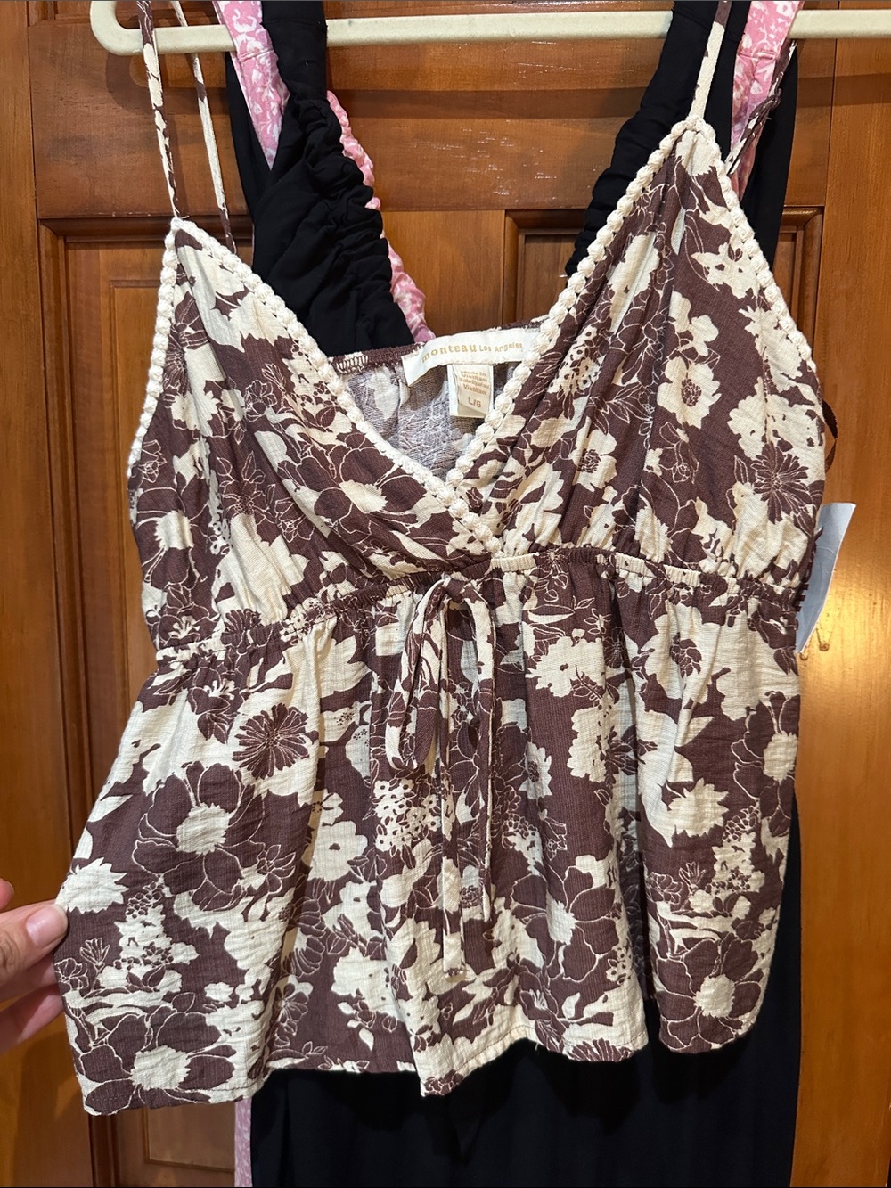 Monteau Brown and Cream Floral Tie-Front Cami